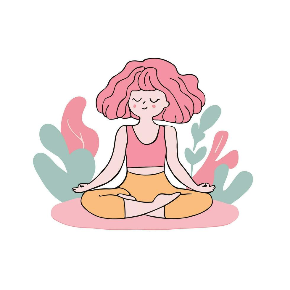 descubrir serenidad con esta calmante ilustración de un meditando niña en sencillo estilo. abrazo tranquilidad y interior paz. vector