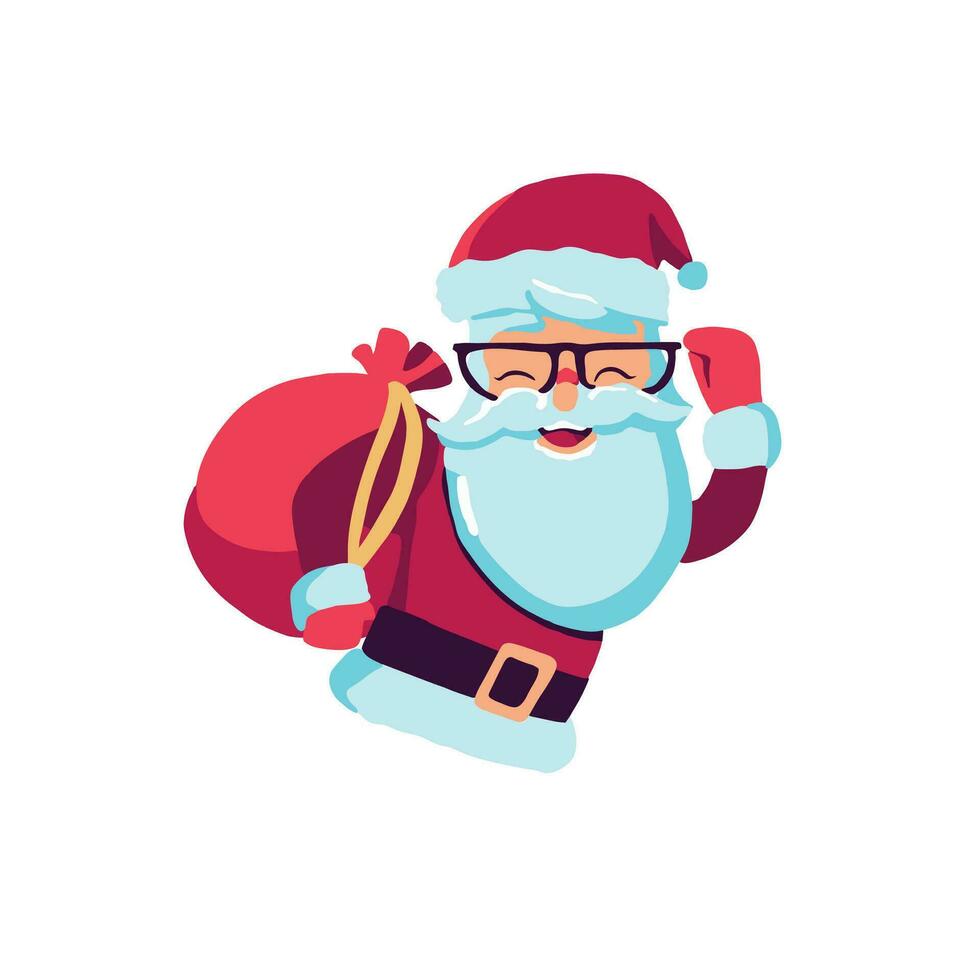 Get into the holiday spirit with this joyful illustration of Santa in glasses, carrying a bag of presents. Bringing warmth and joy to all. vector