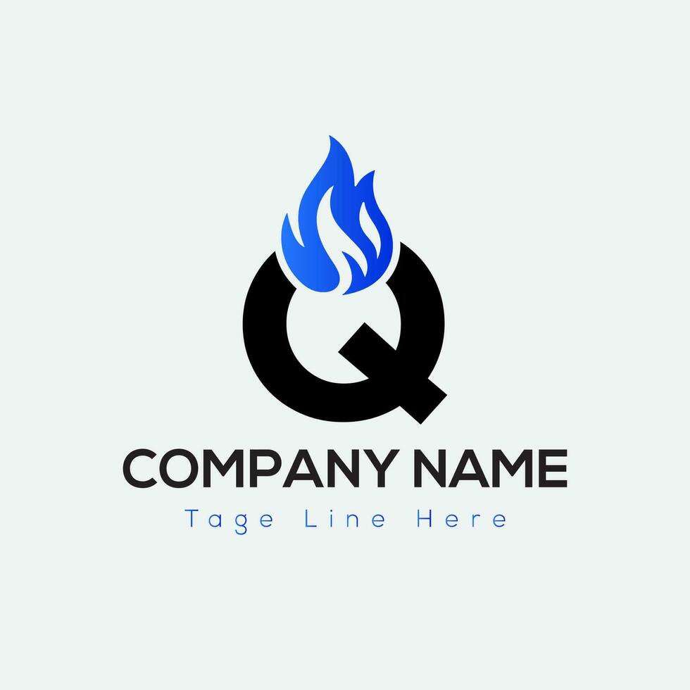Blue Fire Logo On Letter Q Template. Blue Fire On Q Letter, Initial Fire Sign Concept vector