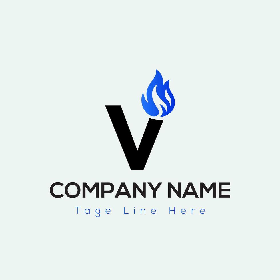 Blue Fire Logo On Letter V Template. Blue Fire On V Letter, Initial Fire Sign Concept vector
