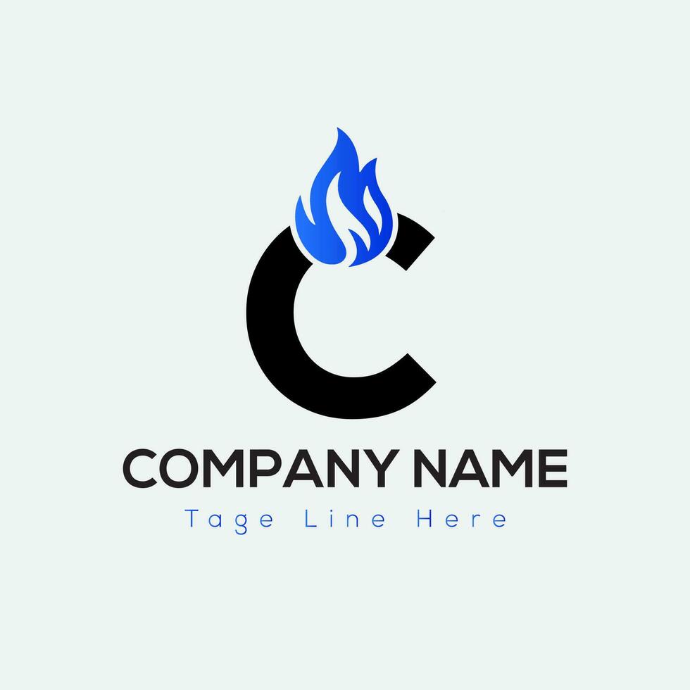 Blue Fire Logo On Letter C Template. Blue Fire On C Letter, Initial Fire Sign Concept vector