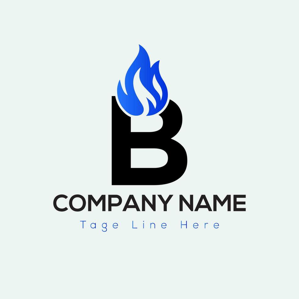 Blue Fire Logo On Letter B Template. Blue Fire On B Letter, Initial Fire Sign Concept vector