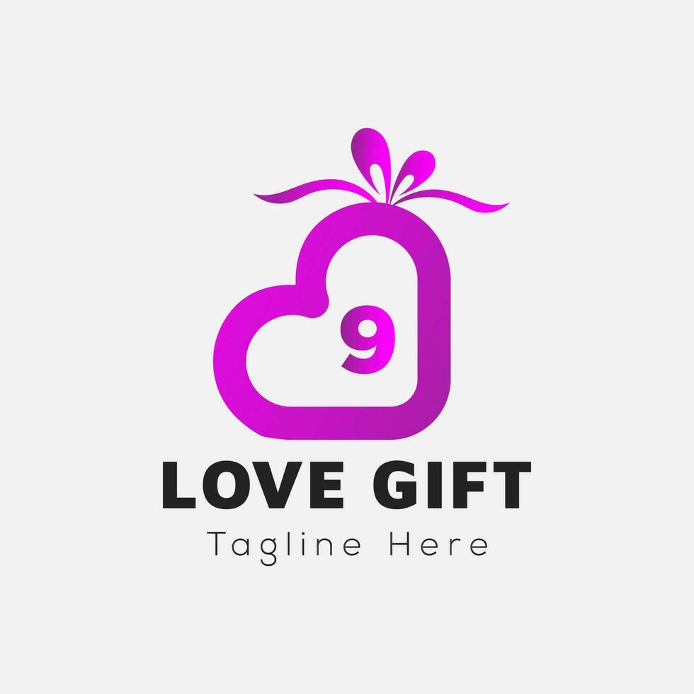 Love Gift Logo On Letter 9 Template. Gift On 9 Letter, Initial Gift Sign Concept vector