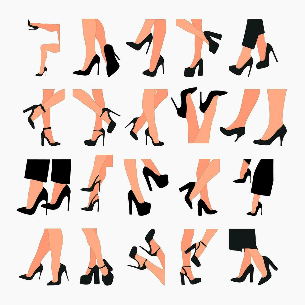 Set silhouette outline of female legs in a pose. Shoes stilettos, high heels. Walking, standing, running, jumping, dance vector