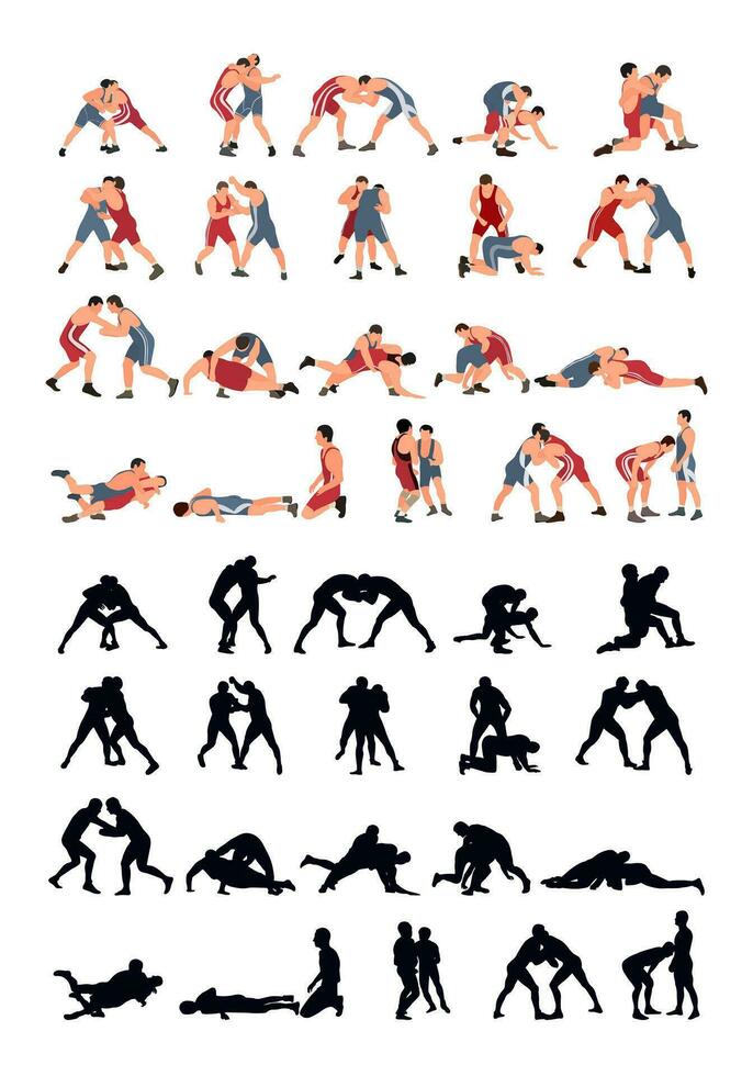 Set of wrestlers silhouettes. Image of greco roman wrestling, martial art, sportsmanship vector