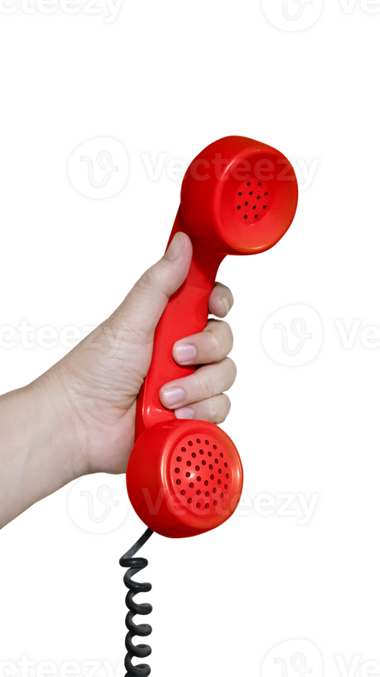 Old fashioned red desk phone headset in hand isolated PNG transparent