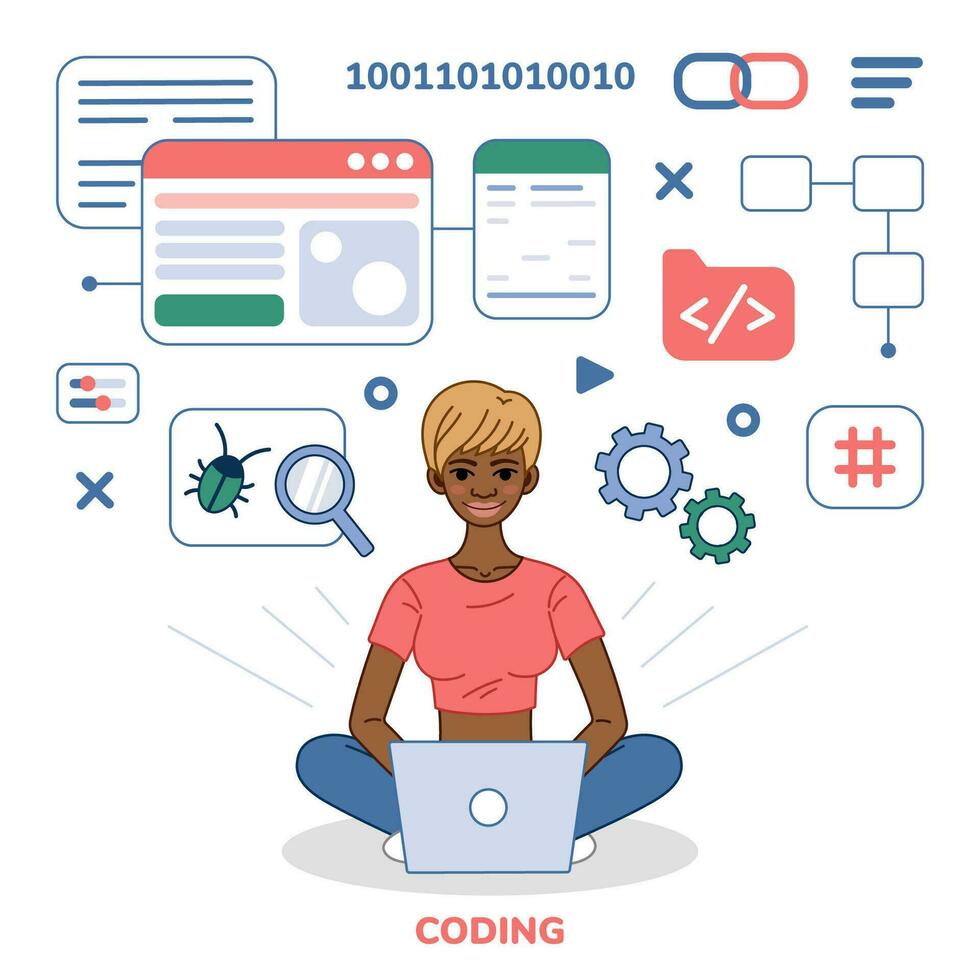 Programmer tester female character cartoon illustration. African American Woman Software developer at computer, finding program bugs. Testing, coding, programming concept. Flat vector illustration.