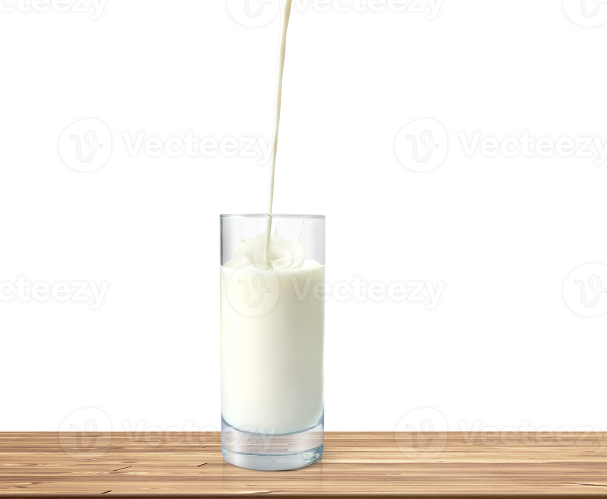 Milk poured into glass on wooden table isolated PNG transparent