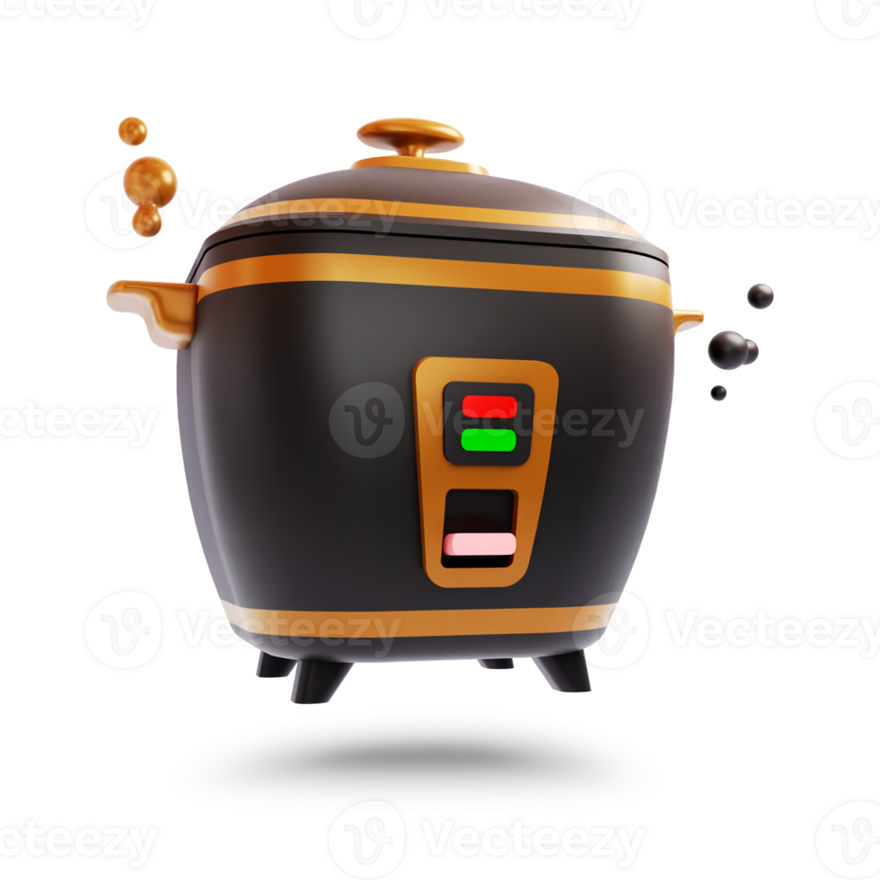 3D rendering of a black and gold rice cooker isolated on a transparent background. 3D illustration drawing. png