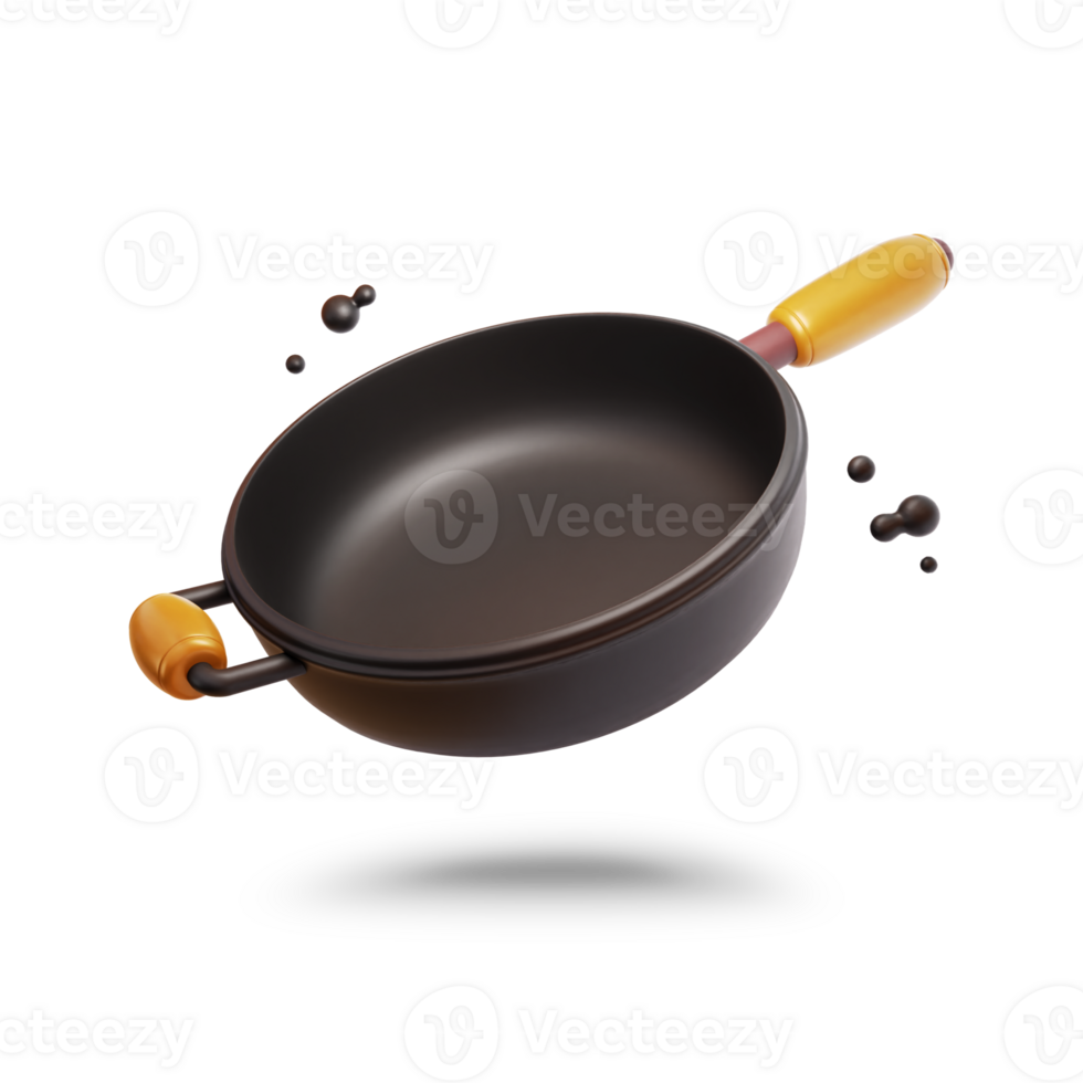 3d frying wok icon. cooking tools in a cute style on transparent background png