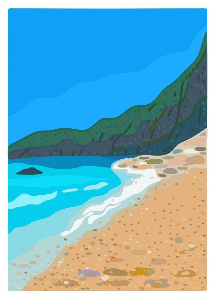 Sandy seashore. Summer vacations. Picturesque seashore. Vector illustration