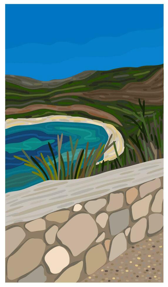 Summer landscape. Stone wall near the sea. Picturesque seashore. Vector illustration