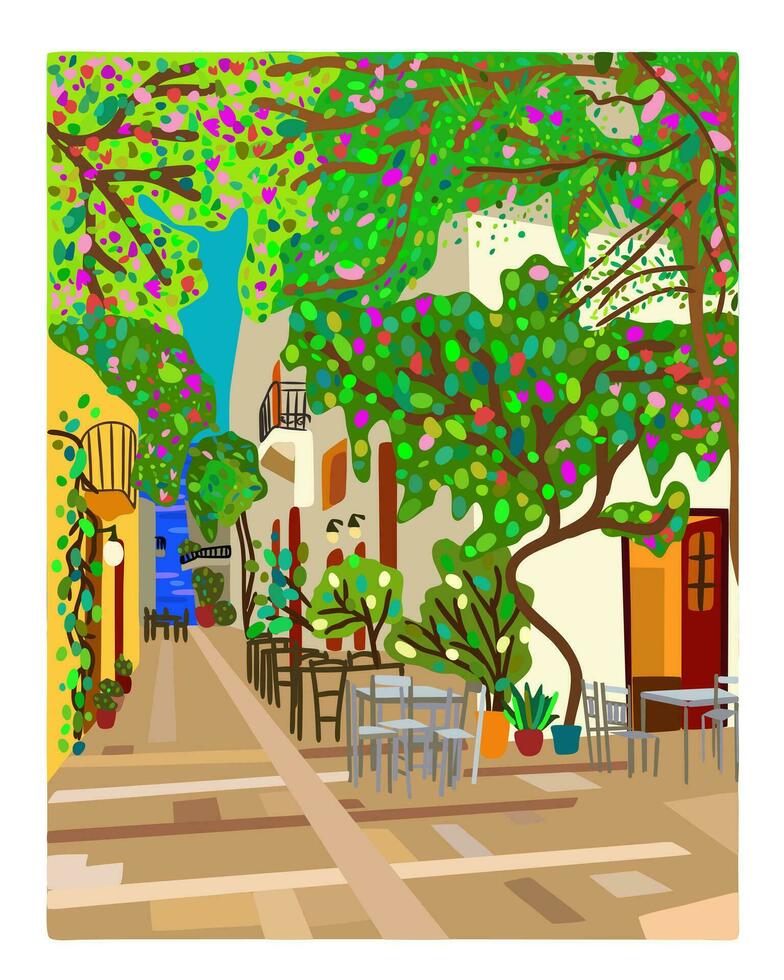 Greece. Street in a small southern town near the sea. Flowering trees. Greek landscape. Vector illustration