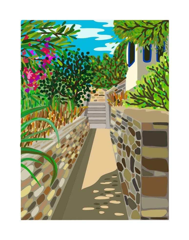 Greece. Greek house with staircase. Flowering trees. Greek landscape. Vector illustration.