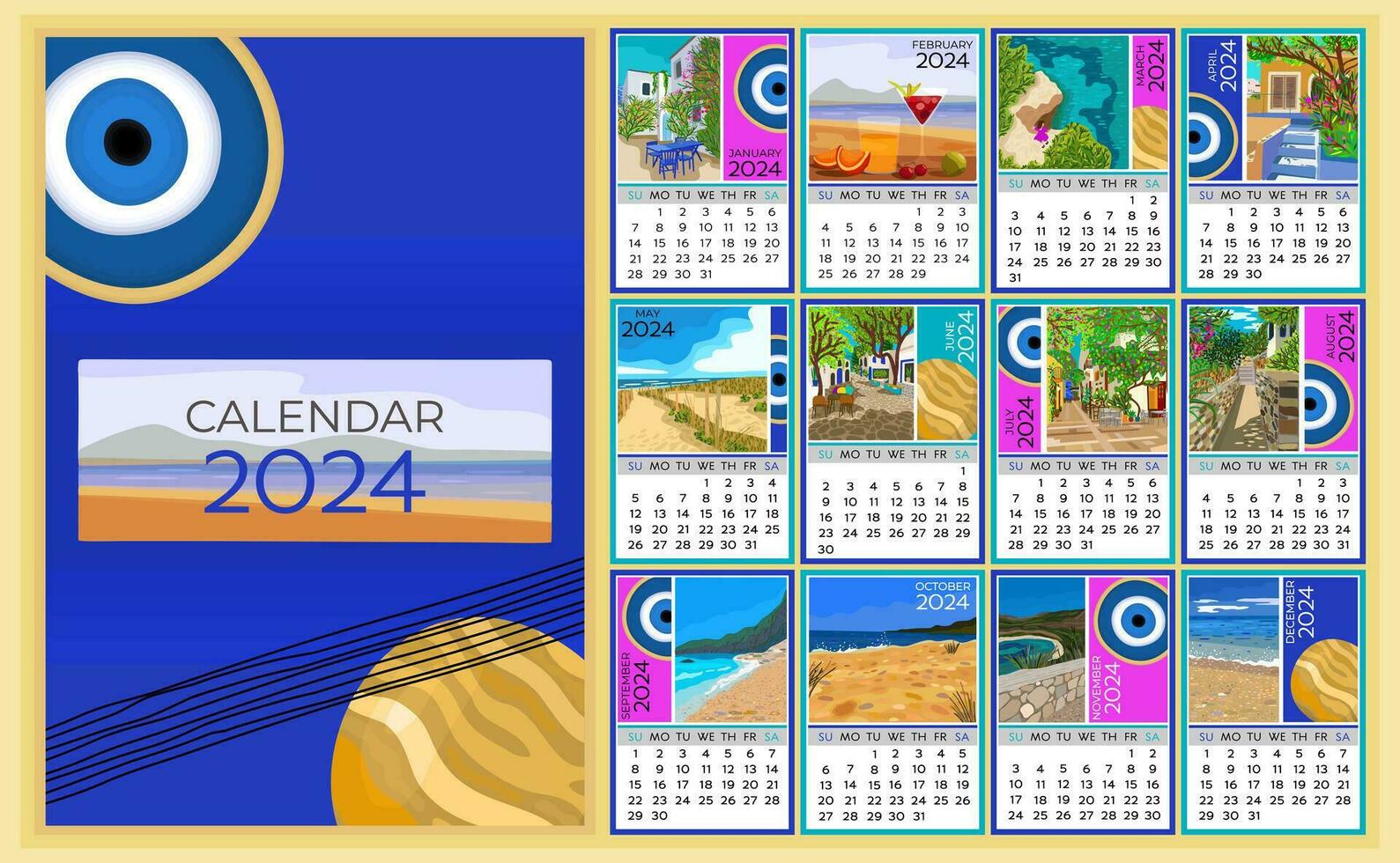 Calendar 2024. Colorful monthly calendar with various southern landscapes. Week starts on Sunday. vector