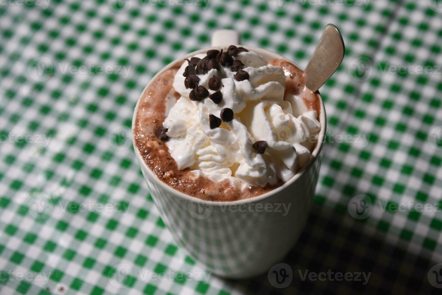 Mug of Hot Cocoa on a Plaid Table Cloth photo