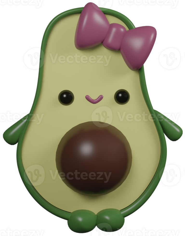 3D illustration render green character fruit avocado girl with bow on transparent background png