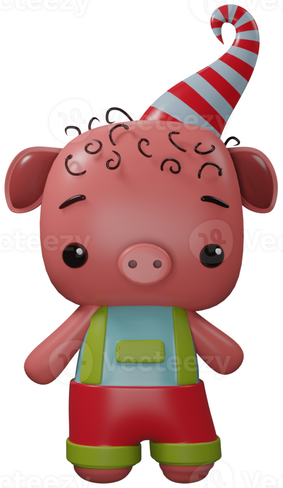 3D illustration render character animal pink pig in clothes on transparent background png