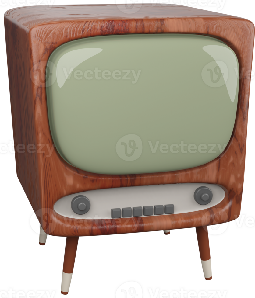 3D illustration render model of old TV in brown wooden case on legs on transparent background png