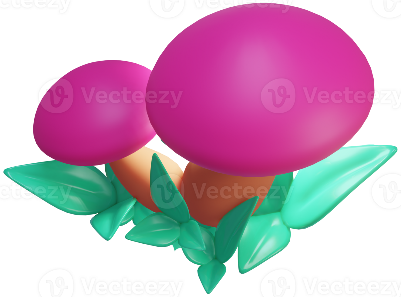 3D illustration render toy magic pink mushrooms with green leaves on transparent background png