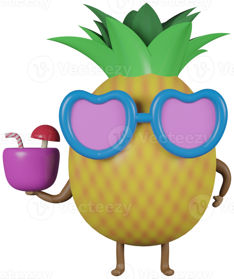 3D illustration render character yellow fruit pineapple in sunglasses with cocktail on transparent background png