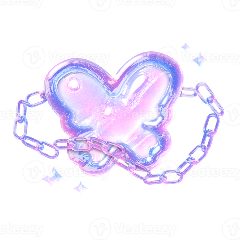 Butterfly in chains Y2K element with pastel hologram holographic chrome 3d effect png