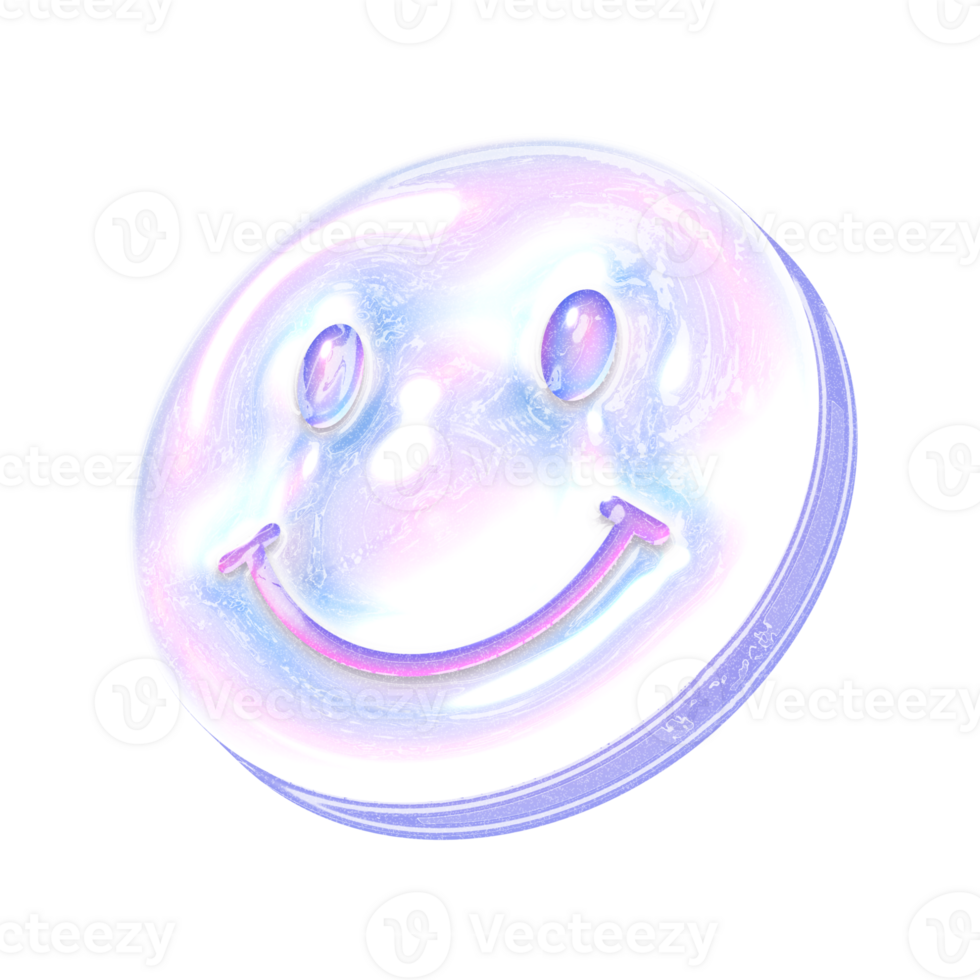 Smile face Y2K element with pastel hologram holographic chrome 3d effect png