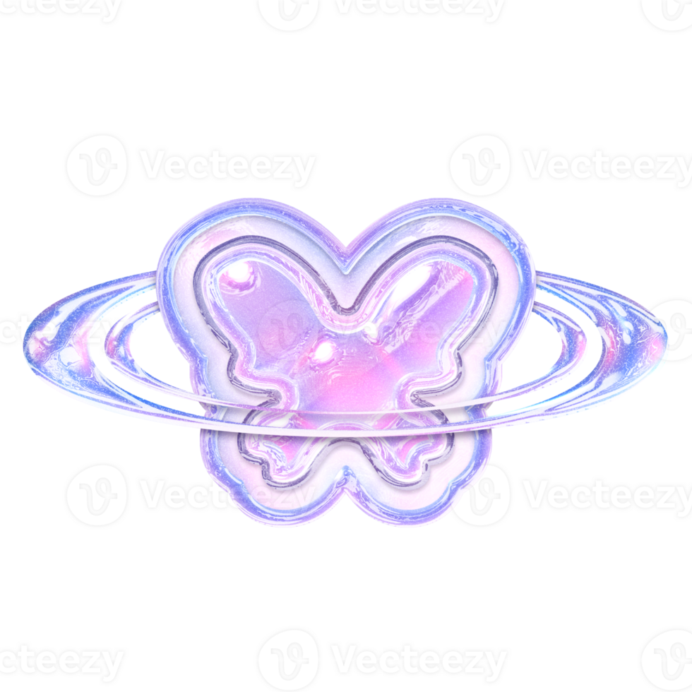 Butterfly in rings Y2K element with pastel hologram holographic chrome 3d effect png