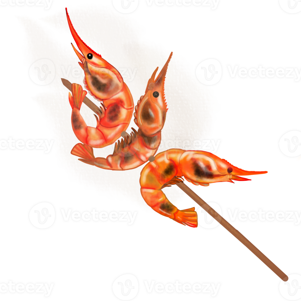 Grilled shrimp seafood illustration realistic painting png