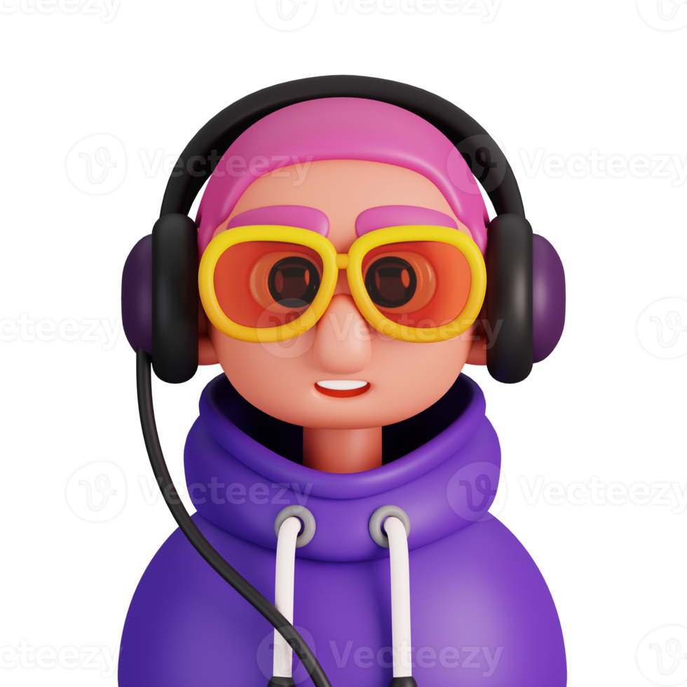 porträtt av en dj med hörlurar isolerat. grundläggande arbetare avatar ikoner. tecken för social media och nätverk, användare profil, hemsida och app. 3d framställa illustration. png