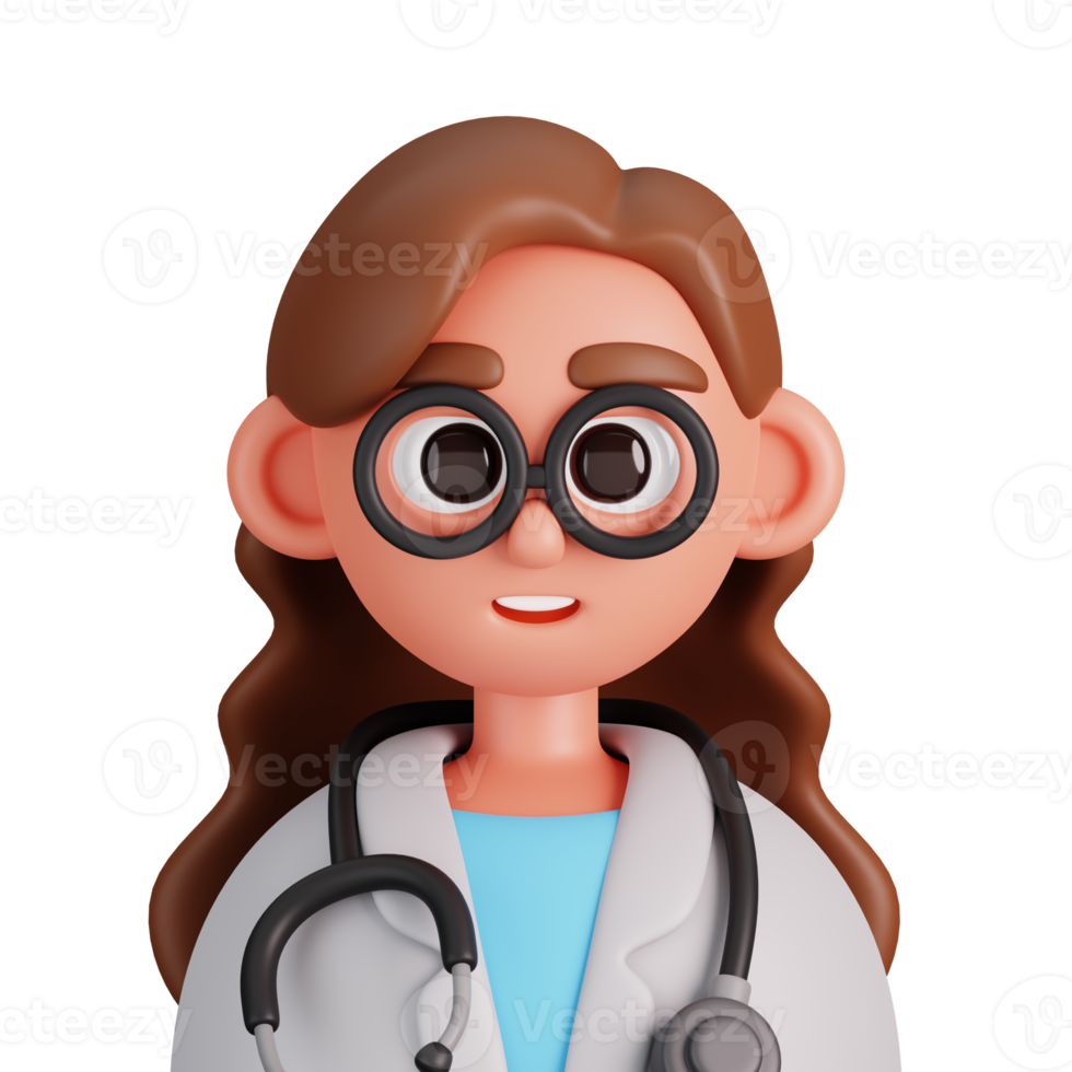 retrato do uma fêmea médico com estetoscópio isolado. essencial trabalhadores avatar ícones. personagens para social meios de comunicação, do utilizador perfil, local na rede Internet e aplicativo. 3d render ilustração. png