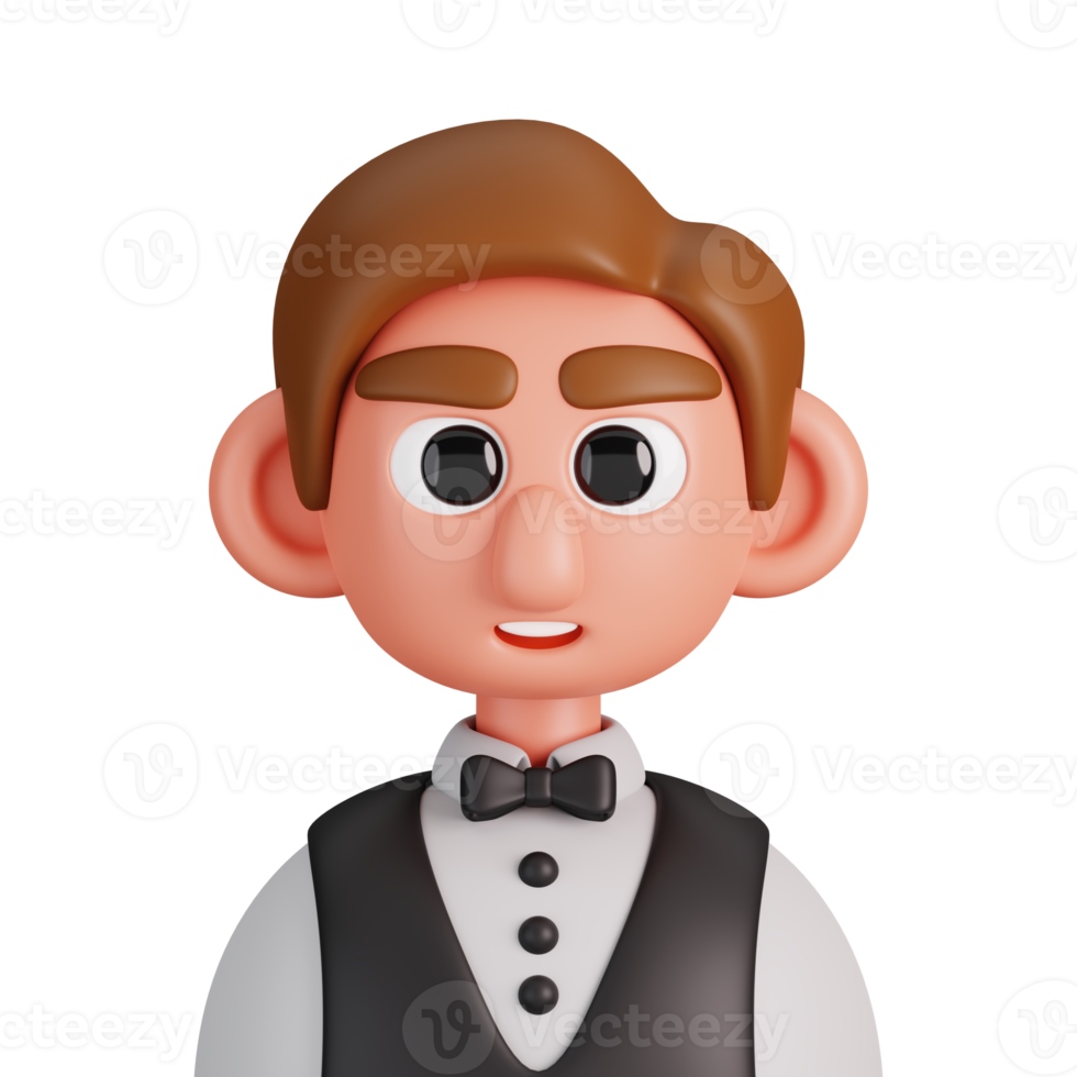 Portrait of a waiter isolated. Essential workers avatar icons. Characters for social media and networking, user profile, website and app. 3d Render illustration. png