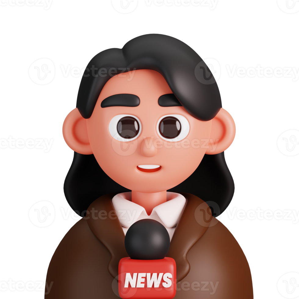 portrait de une femelle journaliste isolé. essentiel ouvriers avatar Icônes. personnages pour social médias et la mise en réseau, utilisateur profil, site Internet et application. 3d rendre illustration. png