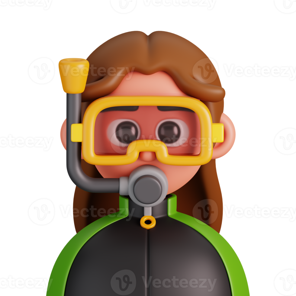 Portrait of a female scuba diver isolated. Essential workers avatar icons. Characters for social media and networking, user profile, website and app. 3d Render illustration. png