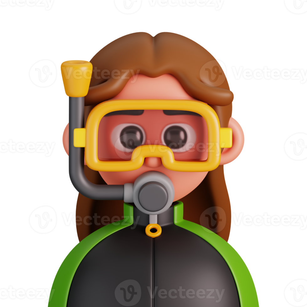 retrato de un hembra escafandra autónoma buzo aislado. esencial trabajadores avatar iconos caracteres para social medios de comunicación y redes, usuario perfil, sitio web y aplicación 3d hacer ilustración. png