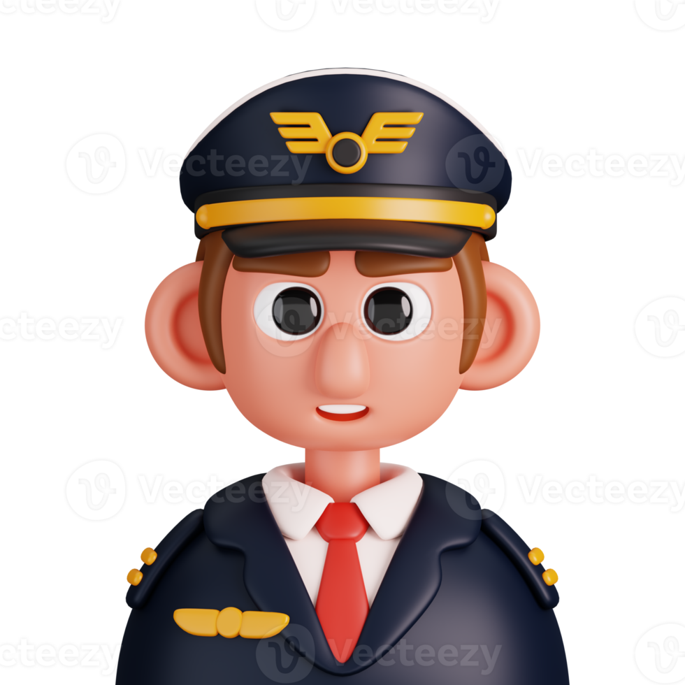 Portrait of an airline pilot isolated. Essential workers avatar icons. Characters for social media and networking, user profile, website and app. 3d Render illustration. png