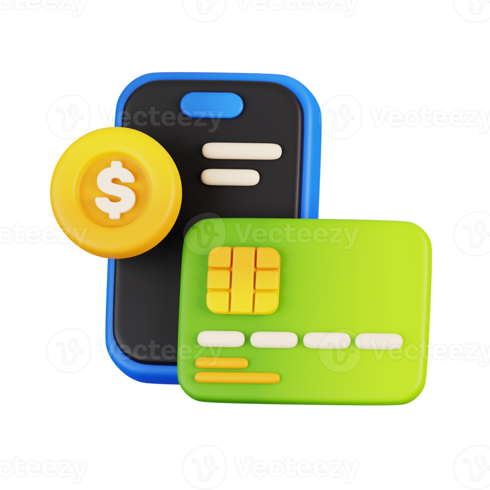 Phone digital payment with card and gold coins isolated. Business and finance icon concept. 3D Render illustration png