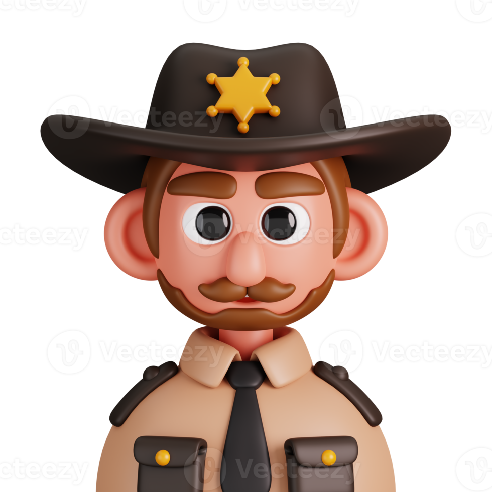 Portrait of a sheriff with hat isolated. Essential workers avatar icons. Characters for social media and networking, user profile, website and app. 3d Render illustration. png