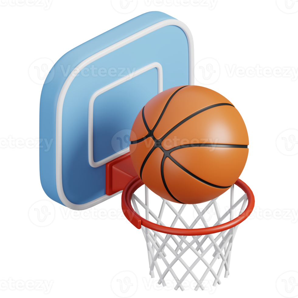 Basketball hoop on backboard and ball isolated. Sports, fitness and game symbol icon. 3d Render illustration. png