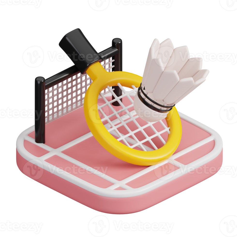 Badminton racquet with shuttlecock on court isolated. Sports, fitness and game symbol icon. 3d Render illustration. png