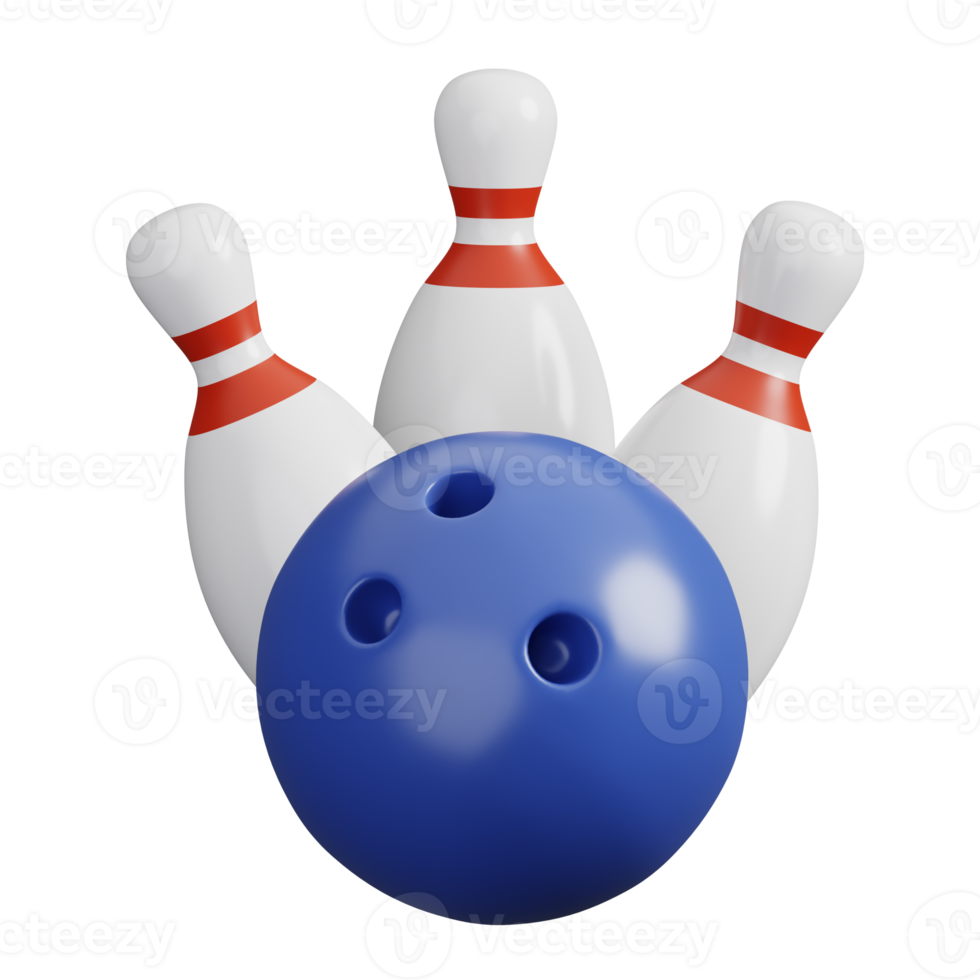 Blue bowling ball with three pin isolated. Sports, fitness and game symbol icon. 3d Render illustration. png