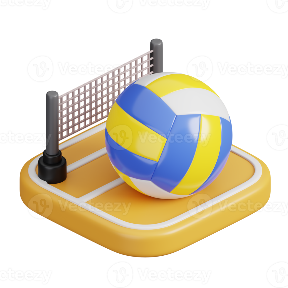 Volleyball ball on court isolated. Sports, fitness and game symbol icon. 3d Render illustration. png