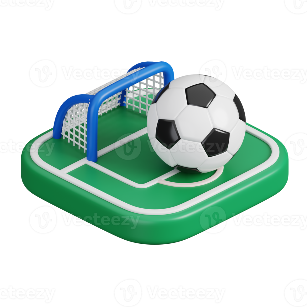 Ball with net on soccer football field isolated. Sports, fitness and game symbol icon. 3d Render illustration. png