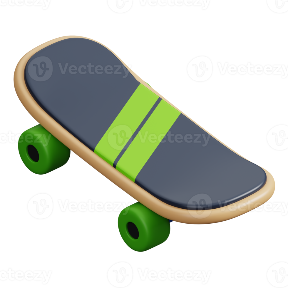 Green and black skateboard isolated. Sports, fitness and game symbol icon. 3d Render illustration. png