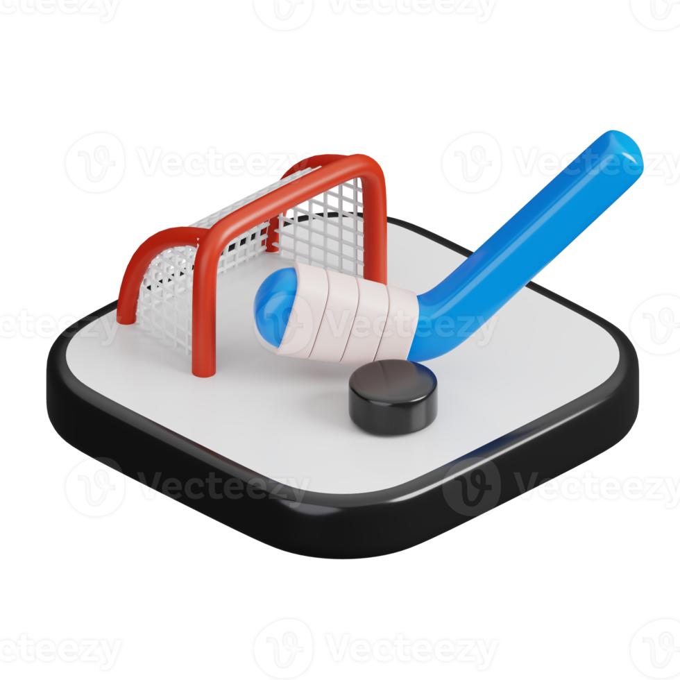 Ice hockey stick with puck on the rink isolated. Sports, fitness and game symbol icon. 3d Render illustration. png