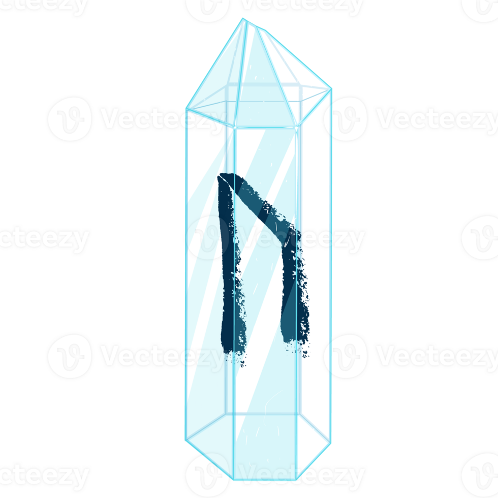 Line Art Crystal with Rune Uruz. Curative Transparent Healing Quartz. Blue Clear Bright Gem. Magic Stone png