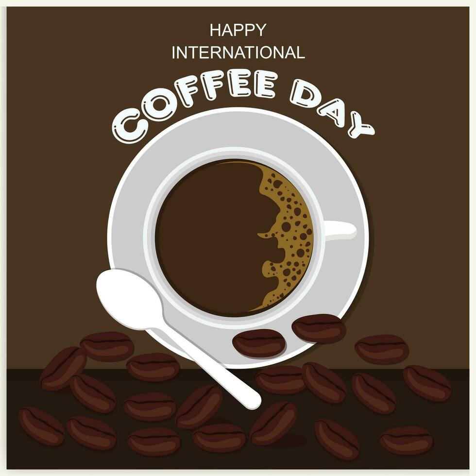 Cup of coffee with coffee beans decoration and sprinkle forming world map, banner, poster, greeting card vector