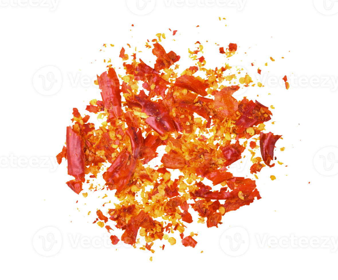 Crushed red hot pepper pile, Dried red hot chilli, Chili pepper flakes and seeds pile isolated on white background. png