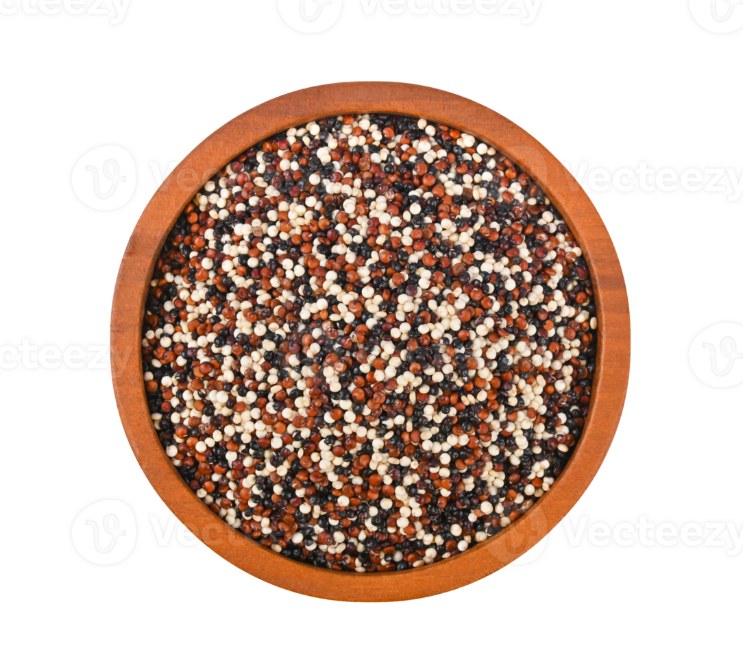Quinoa seeds in wooden bowl on transparent png top view.