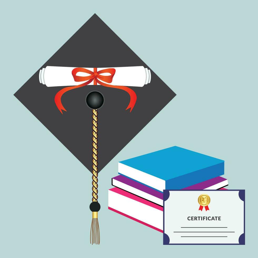 graduación sombrero libro y certificado ilustración vector